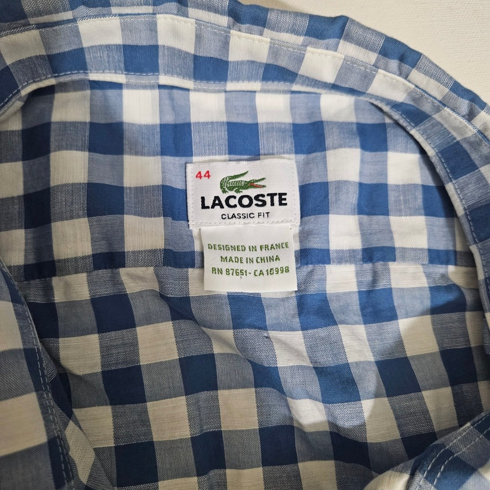 Lacoste Mens Blue White Gingham Check Button Down Shirt Classic Fit Size 44 - Picture 3 of 5